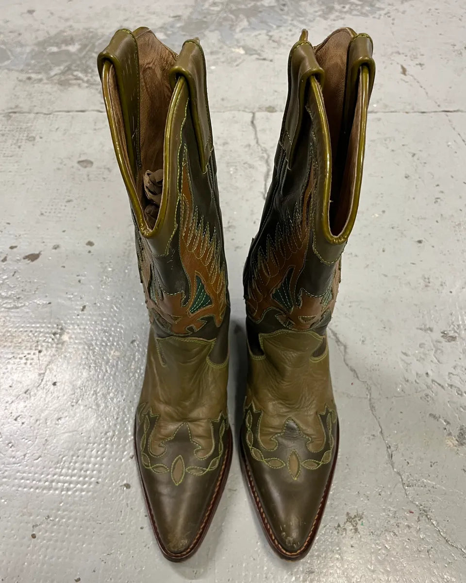 2000s Dolce & Gabbana Khaki Leather Embroidered Cowboy Santiags Boots WgDqEoA 5