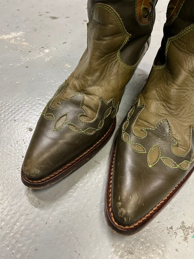 2000s Dolce & Gabbana Khaki Leather Embroidered Cowboy Santiags Boots WgDqEoA 6