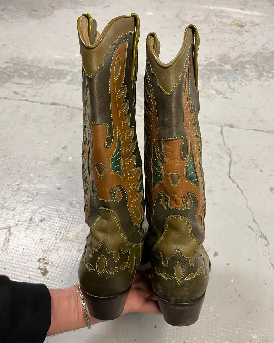 2000s Dolce & Gabbana Khaki Leather Embroidered Cowboy Santiags Boots WgDqEoA 7