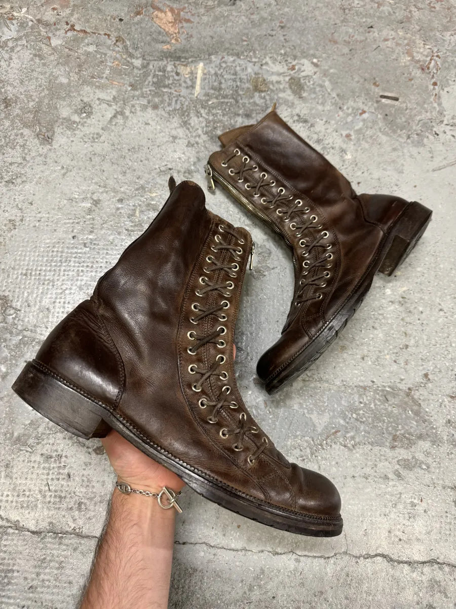 2000s Dolce & Gabbana Laced Multi Zips Eyelet Brown Ankle Boots CkfkFLg 0