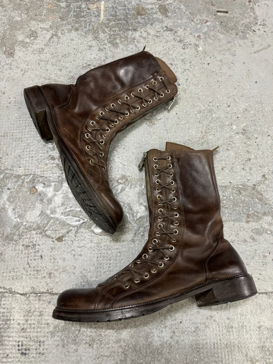 2000s Dolce & Gabbana Laced Multi Zips Eyelet Brown Ankle Boots CkfkFLg 1