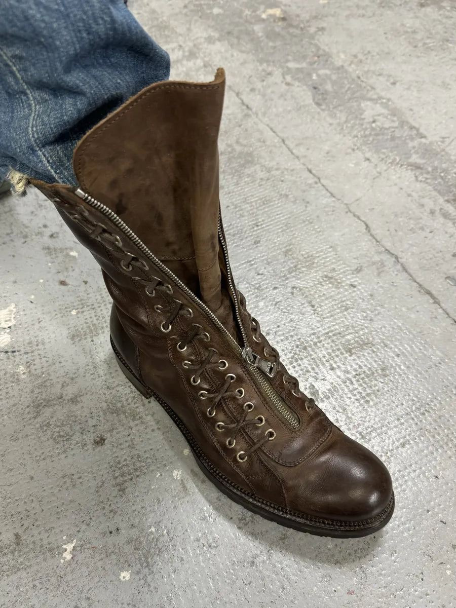 2000s Dolce & Gabbana Laced Multi Zips Eyelet Brown Ankle Boots CkfkFLg 2