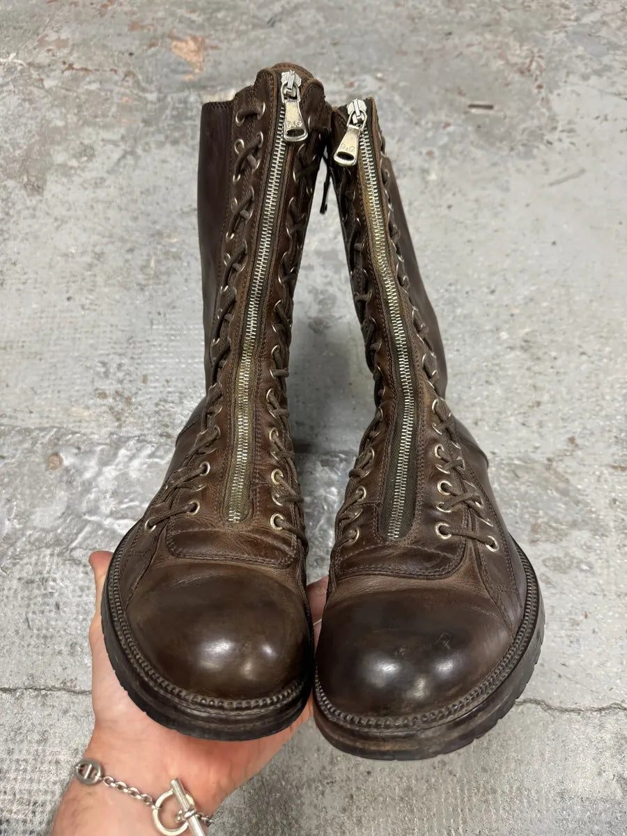 2000s Dolce & Gabbana Laced Multi Zips Eyelet Brown Ankle Boots CkfkFLg 4