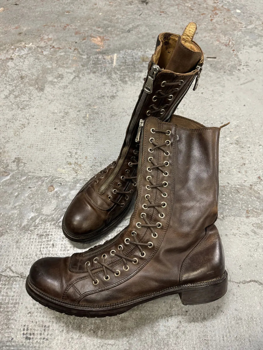 2000s Dolce & Gabbana Laced Multi Zips Eyelet Brown Ankle Boots CkfkFLg 5