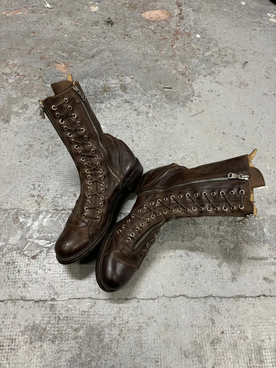 2000s Dolce & Gabbana Laced Multi Zips Eyelet Brown Ankle Boots CkfkFLg 6