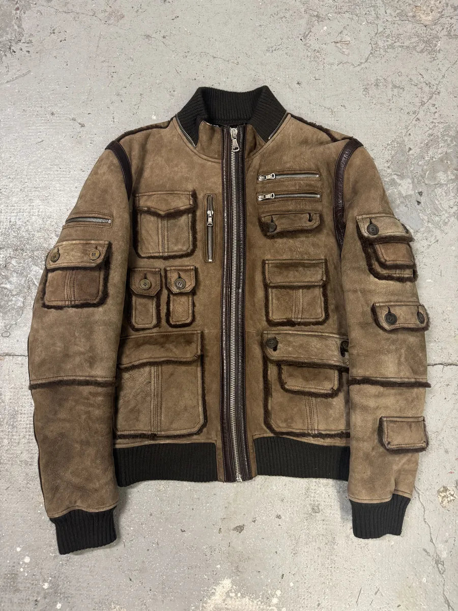 2000s Dolce & Gabbana Lamb Shearling Leather Multi Pockets Brown Jacket (L) 0