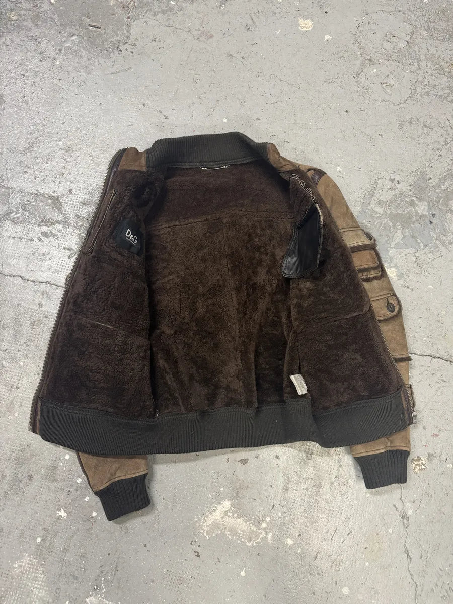 2000s Dolce & Gabbana Lamb Shearling Leather Multi Pockets Brown Jacket (L) 2