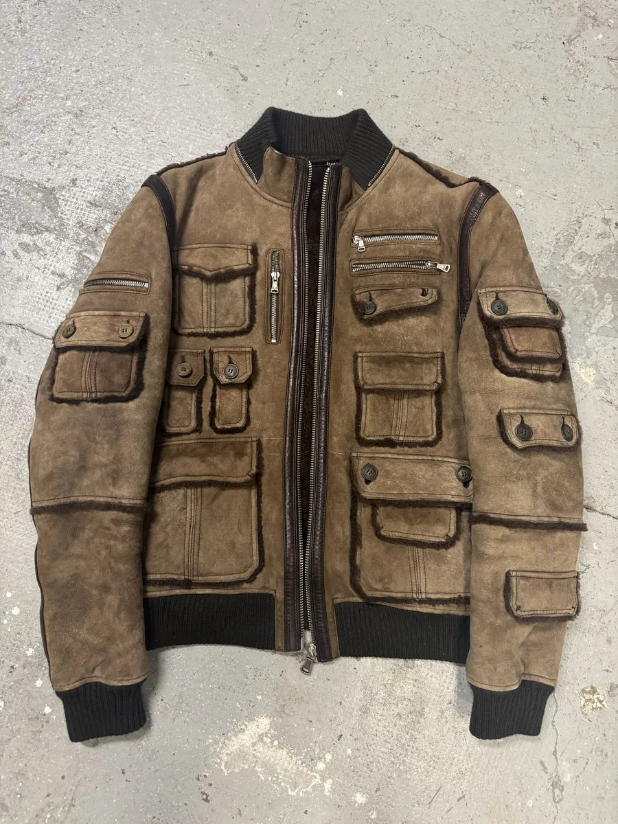 2000s Dolce & Gabbana Lamb Shearling Leather Multi Pockets Brown Jacket (L) 3