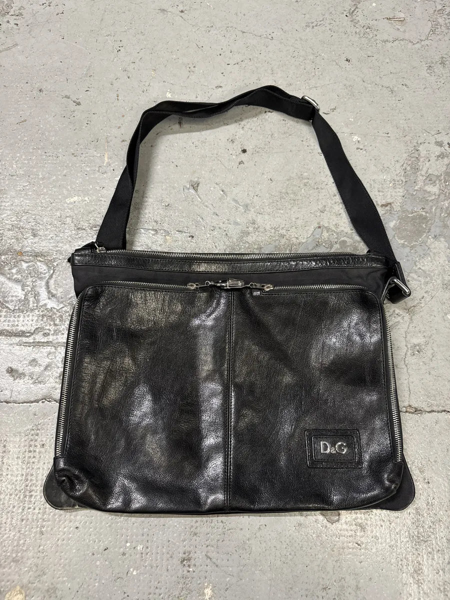 2000s Dolce & Gabbana Large Zip Lock Black Leather Shoulder Bag kvsiChU 0