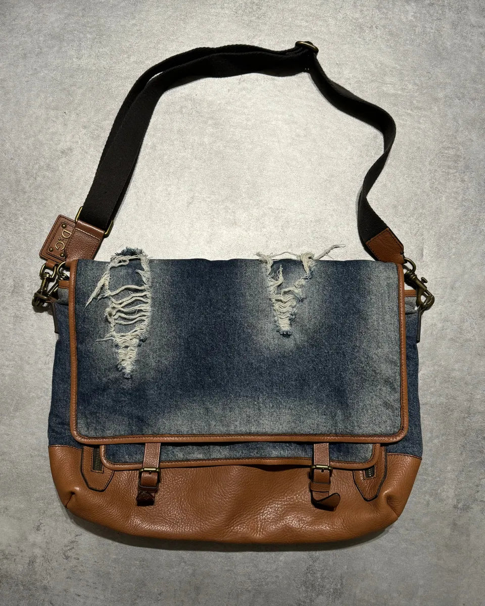 2000s Dolce & Gabbana Leather & Distressed Denim Shoulder Bag (OS) 0