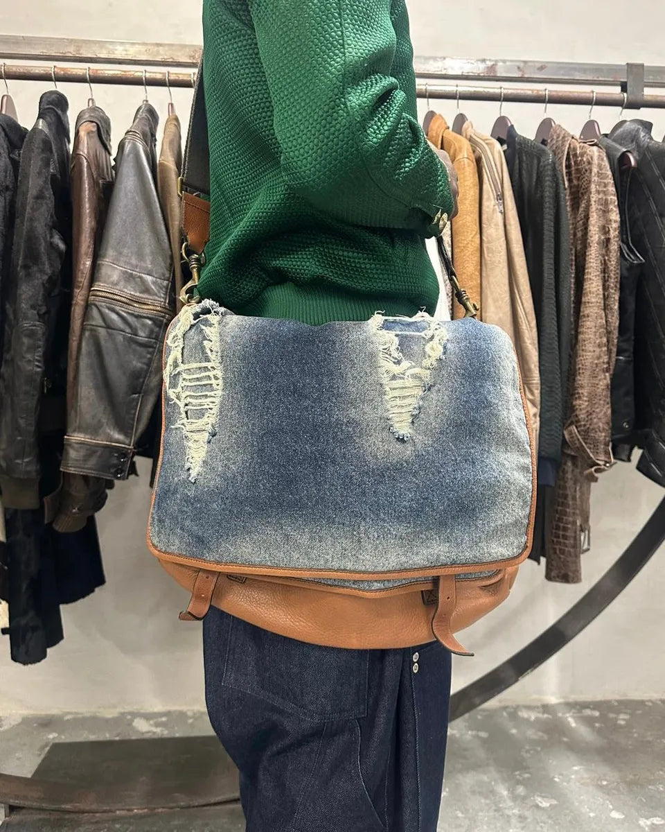 2000s Dolce & Gabbana Leather & Distressed Denim Shoulder Bag (OS) 10