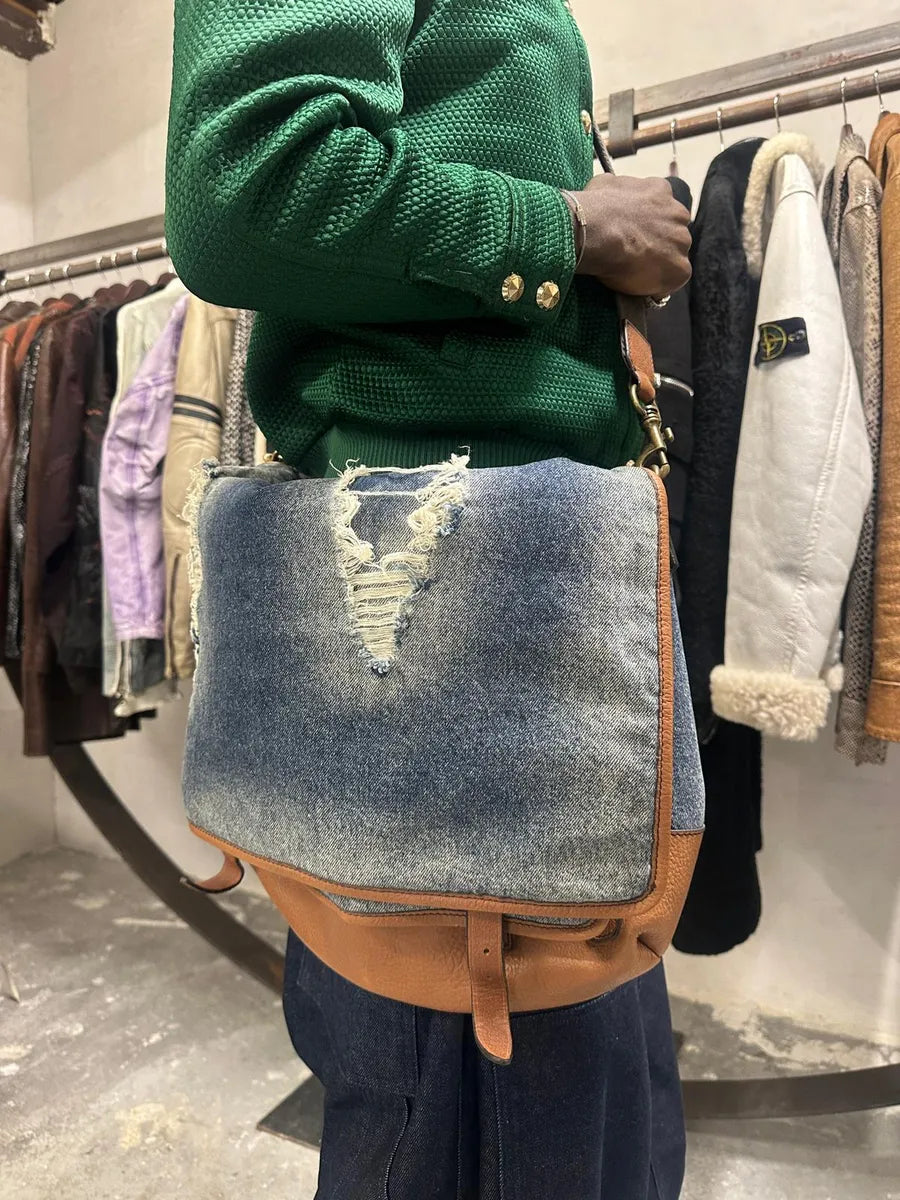 2000s Dolce & Gabbana Leather & Distressed Denim Shoulder Bag (OS) 9