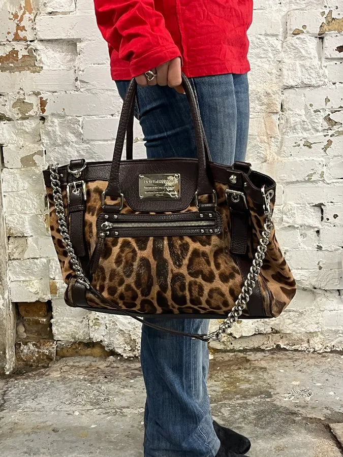 2000s Dolce & Gabbana Leopard Pony Hair Leather Handle Bag UQniBhm 1