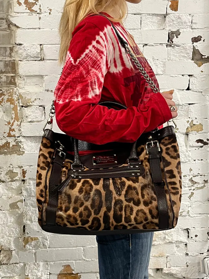 2000s Dolce & Gabbana Leopard Pony Hair Leather Handle Bag UQniBhm 2
