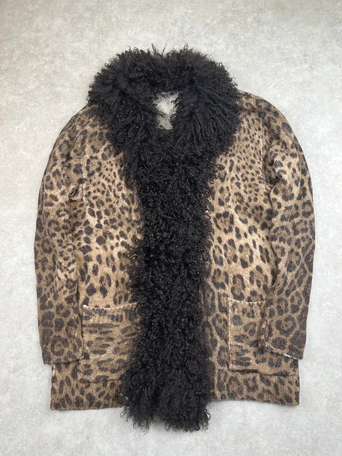 2000s Dolce & Gabbana Leopard Wool Faux Fur Collar Long Cardigan PgSQQOl 3
