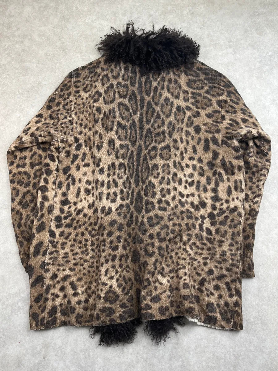 2000s Dolce & Gabbana Leopard Wool Faux Fur Collar Long Cardigan PgSQQOl 6