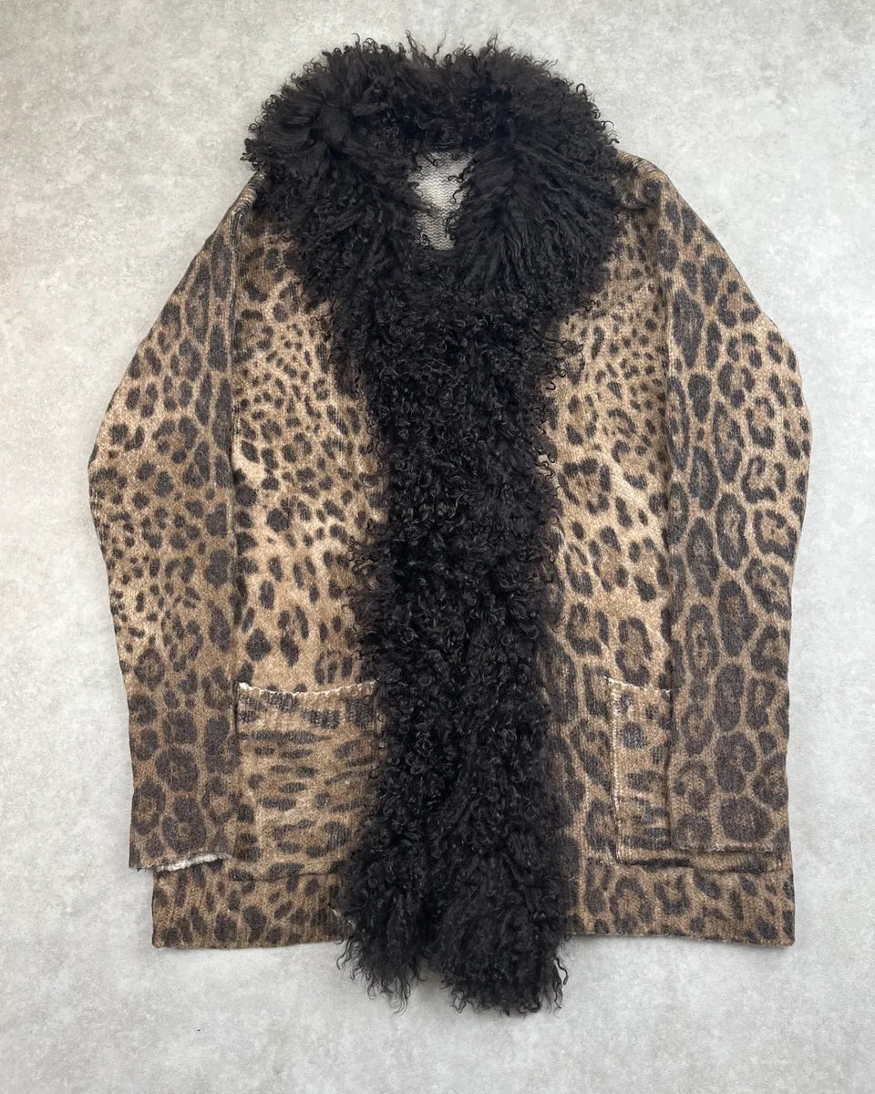 2000s Dolce & Gabbana Leopard Wool Faux Fur Collar Long Cardigan PgSQQOl 0