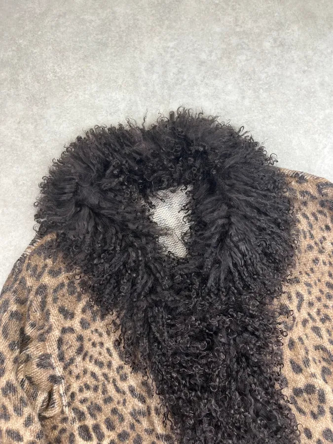 2000s Dolce & Gabbana Leopard Wool Faux Fur Collar Long Cardigan PgSQQOl 4