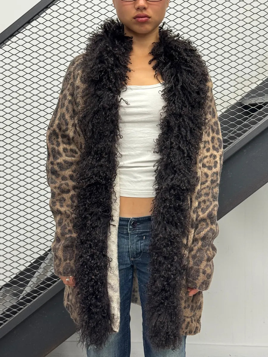 2000s Dolce & Gabbana Leopard Wool Faux Fur Collar Long Cardigan PgSQQOl 1