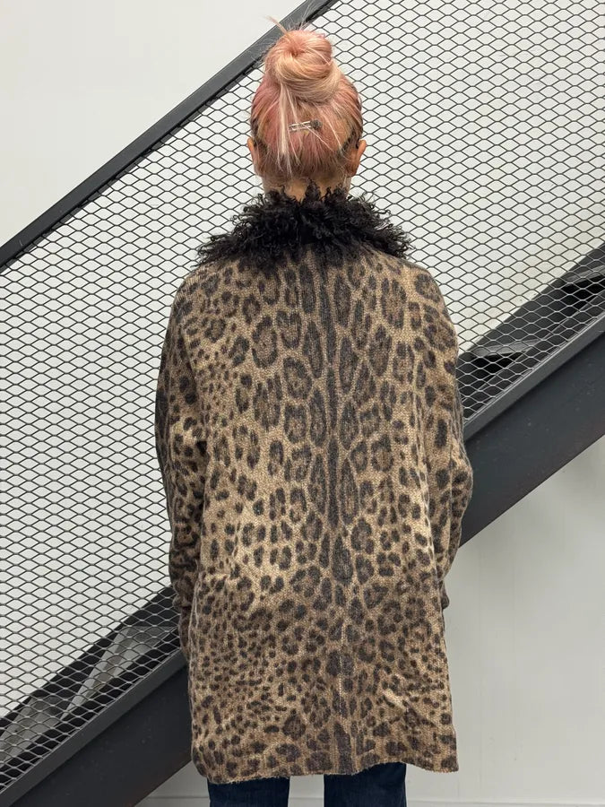 2000s Dolce & Gabbana Leopard Wool Faux Fur Collar Long Cardigan PgSQQOl 2
