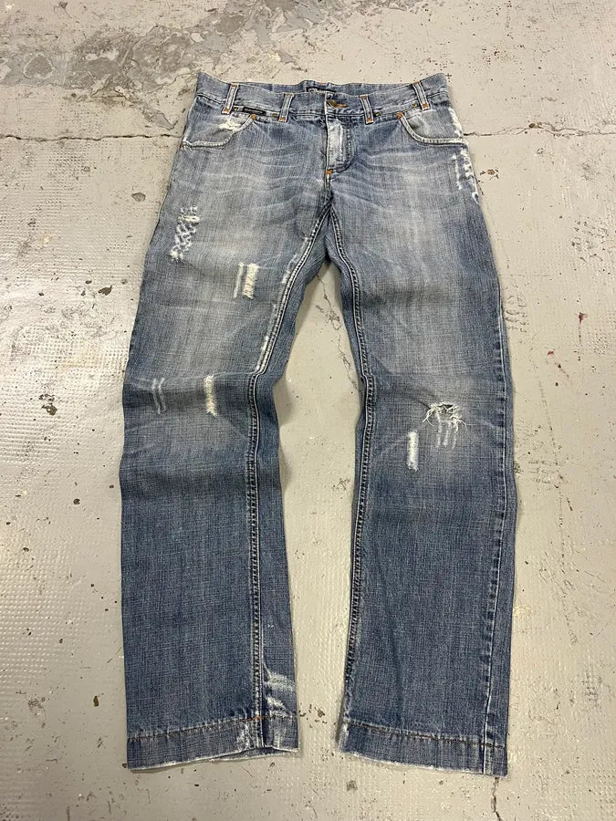 2000s Dolce & Gabbana Light Blue Denim Distressed Jeans goRWgYr 0