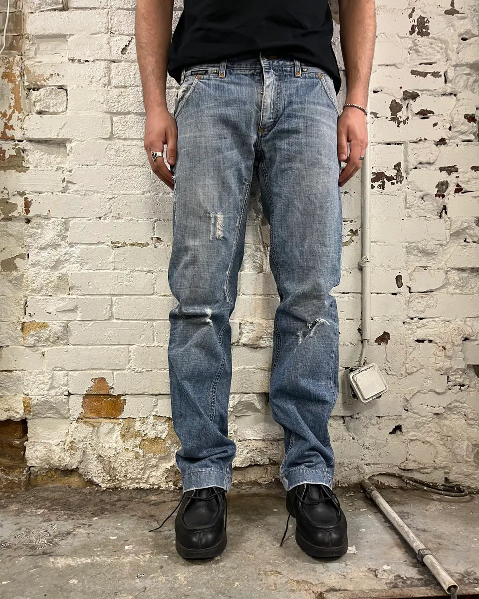 2000s Dolce & Gabbana Light Blue Denim Distressed Jeans goRWgYr 1