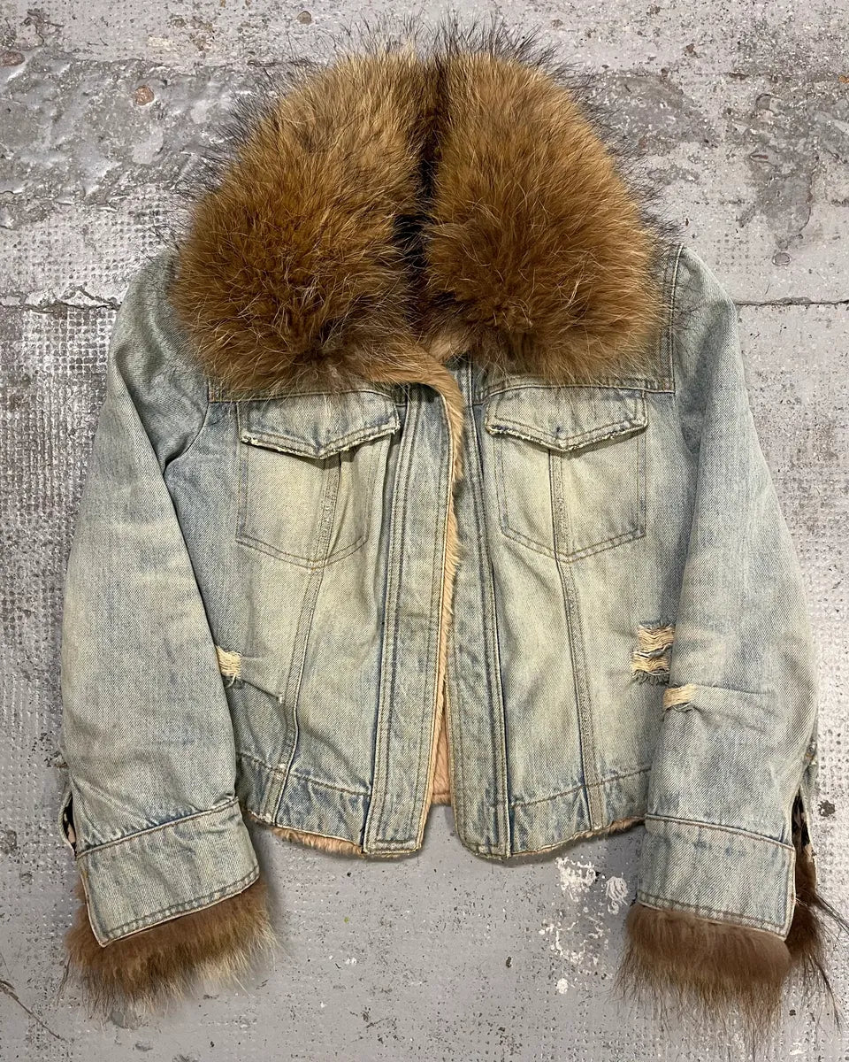 2000s Dolce & Gabbana Light Blue Denim Fur-Collar Distressed Denim Jacket OKpwHHs 0