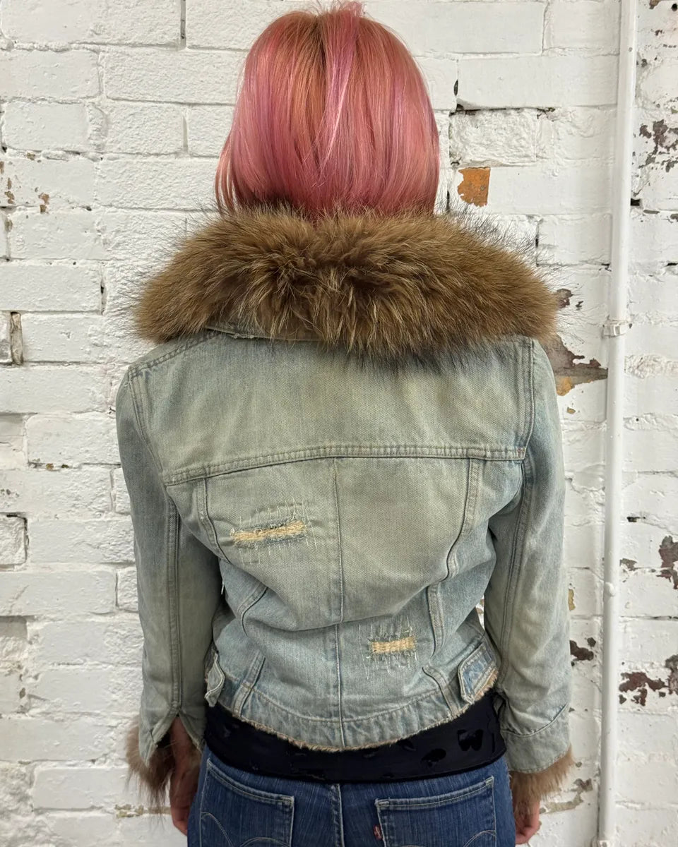 2000s Dolce & Gabbana Light Blue Denim Fur-Collar Distressed Denim Jacket OKpwHHs 2