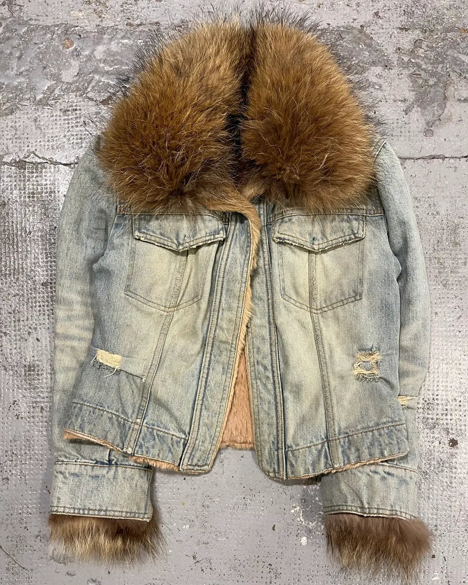 2000s Dolce & Gabbana Light Blue Denim Fur-Collar Distressed Denim Jacket OKpwHHs 3