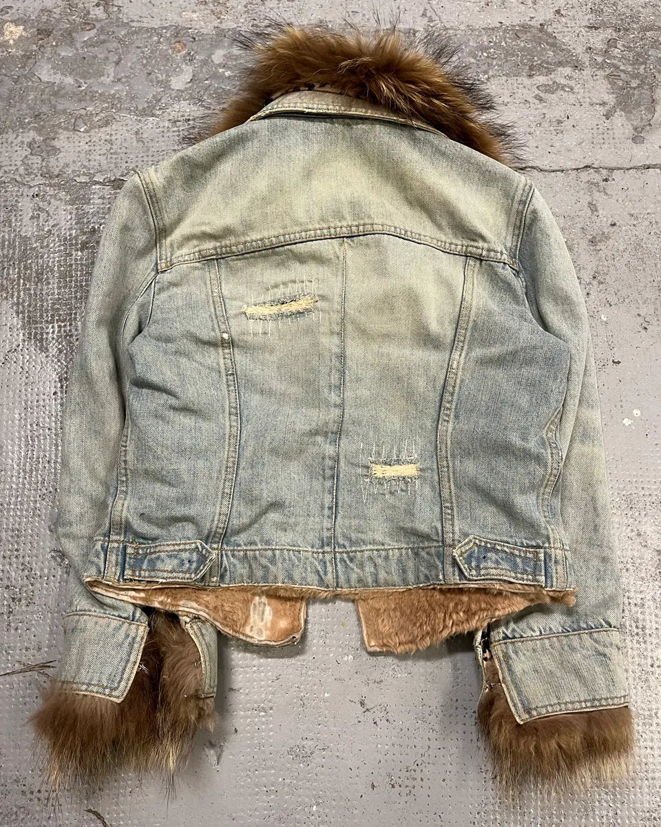 2000s Dolce & Gabbana Light Blue Denim Fur-Collar Distressed Denim Jacket OKpwHHs 5