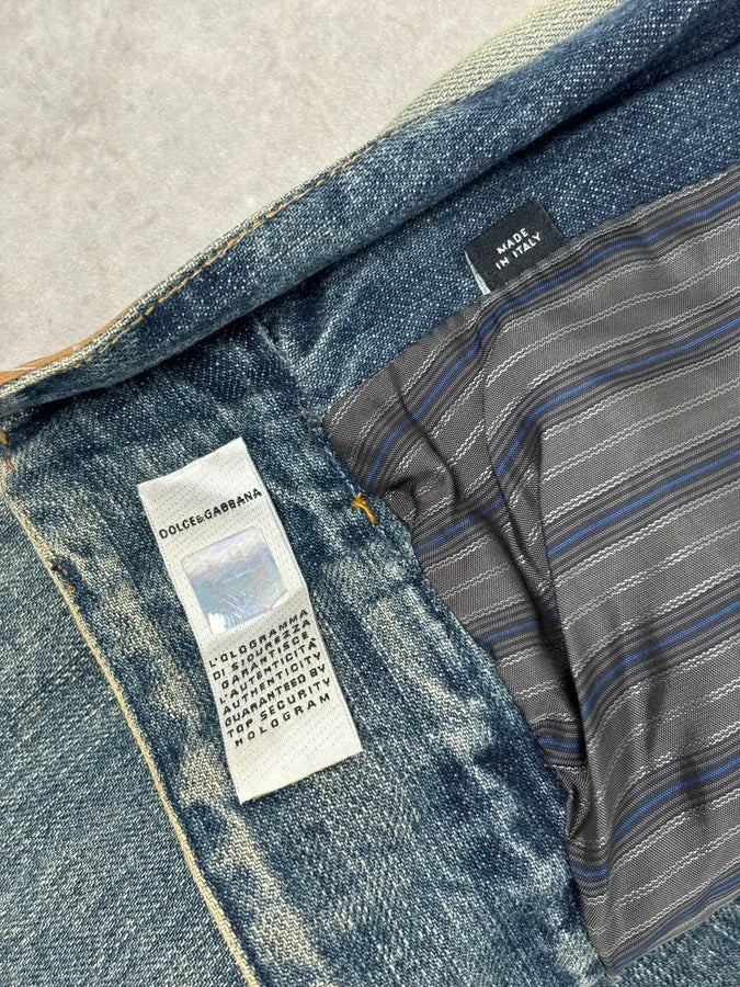 AW2005 Dolce & Gabbana Asymmetrical Zip Biker Leather & Blue Denim Jacket VmhlxnO 9