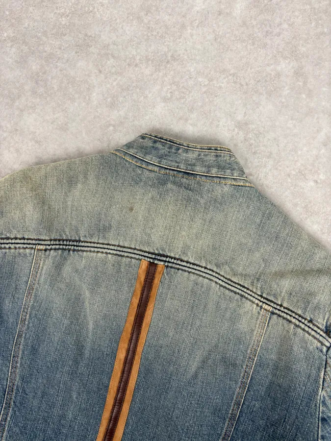 AW2005 Dolce & Gabbana Asymmetrical Zip Biker Leather & Blue Denim Jacket VmhlxnO 6