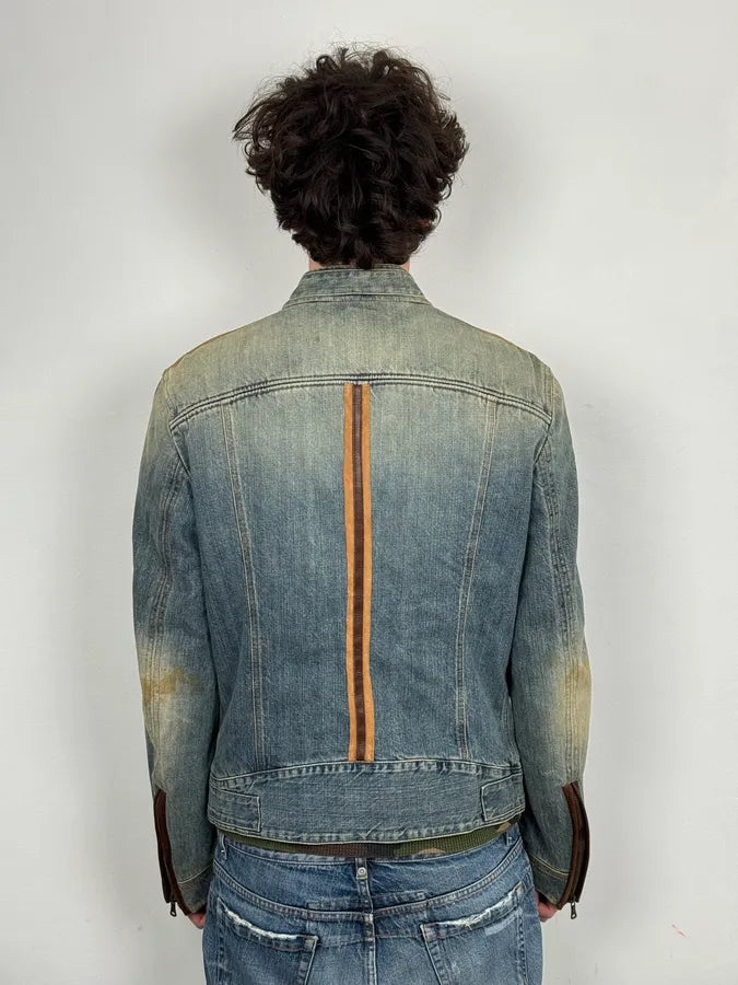 AW2005 Dolce & Gabbana Asymmetrical Zip Biker Leather & Blue Denim Jacket VmhlxnO 2