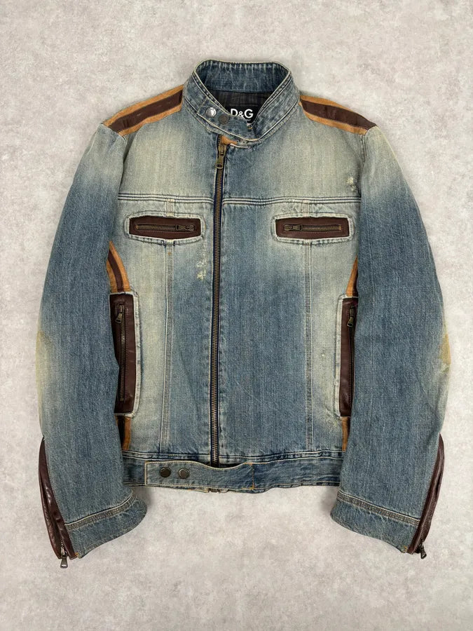 AW2005 Dolce & Gabbana Asymmetrical Zip Biker Leather & Blue Denim Jacket VmhlxnO 0