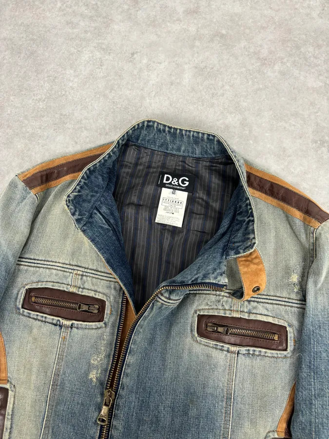 AW2005 Dolce & Gabbana Asymmetrical Zip Biker Leather & Blue Denim Jacket VmhlxnO 4