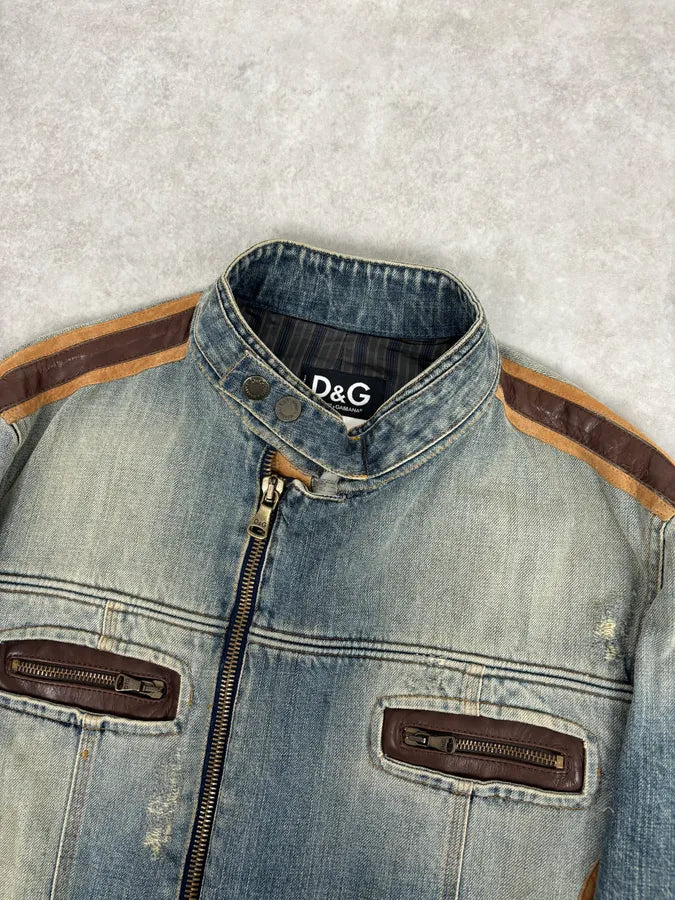 AW2005 Dolce & Gabbana Asymmetrical Zip Biker Leather & Blue Denim Jacket VmhlxnO 3