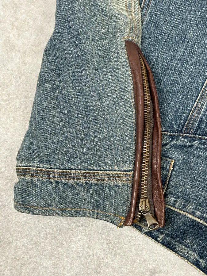 AW2005 Dolce & Gabbana Asymmetrical Zip Biker Leather & Blue Denim Jacket VmhlxnO 8