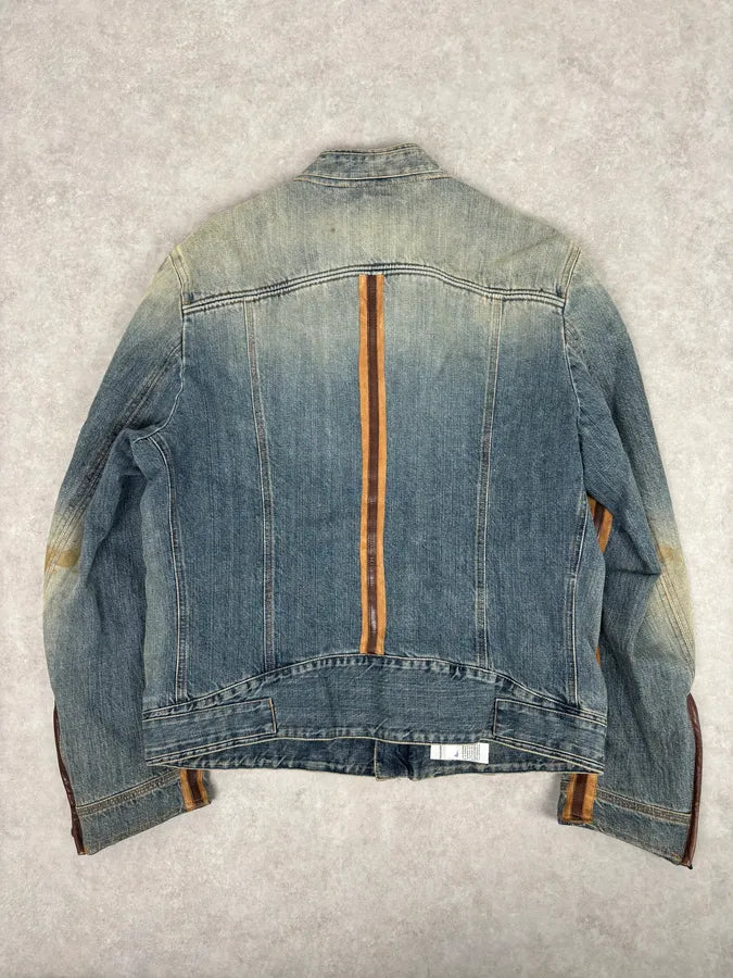 AW2005 Dolce & Gabbana Asymmetrical Zip Biker Leather & Blue Denim Jacket VmhlxnO 5