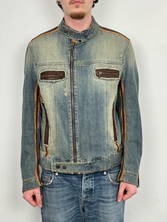 AW2005 Dolce & Gabbana Asymmetrical Zip Biker Leather & Blue Denim Jacket VmhlxnO 1
