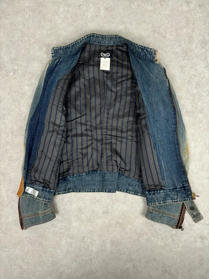AW2005 Dolce & Gabbana Asymmetrical Zip Biker Leather & Blue Denim Jacket VmhlxnO 7