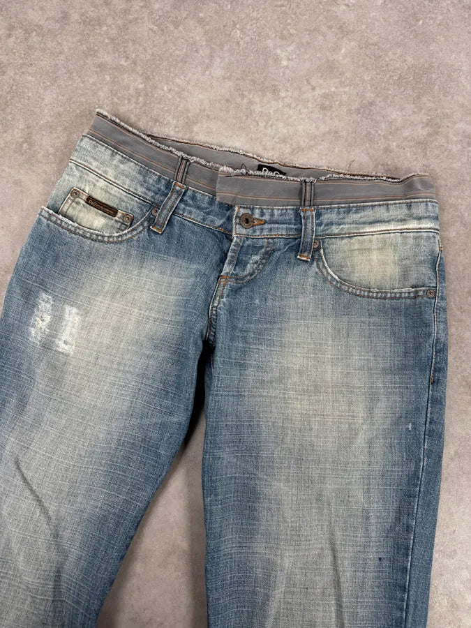 AW2003 Dolce & Gabbana Light Blue Distressed Double Waisted Jeans YKLibMY 5