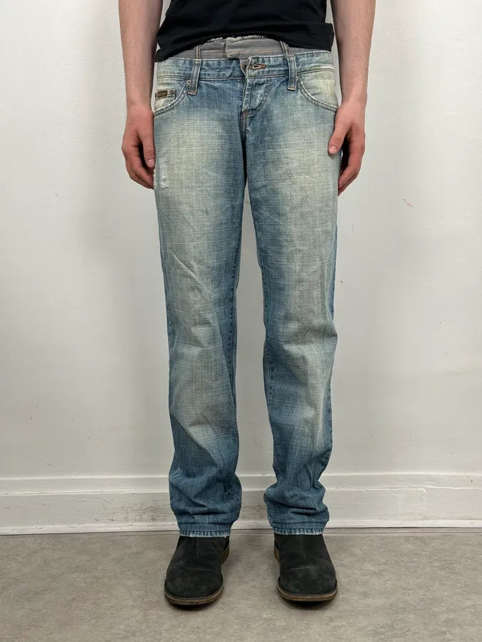 AW2003 Dolce & Gabbana Light Blue Distressed Double Waisted Jeans YKLibMY 1