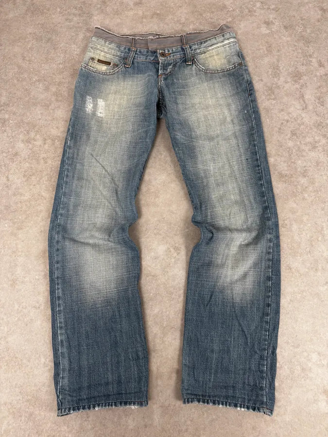 AW2003 Dolce & Gabbana Light Blue Distressed Double Waisted Jeans YKLibMY 0