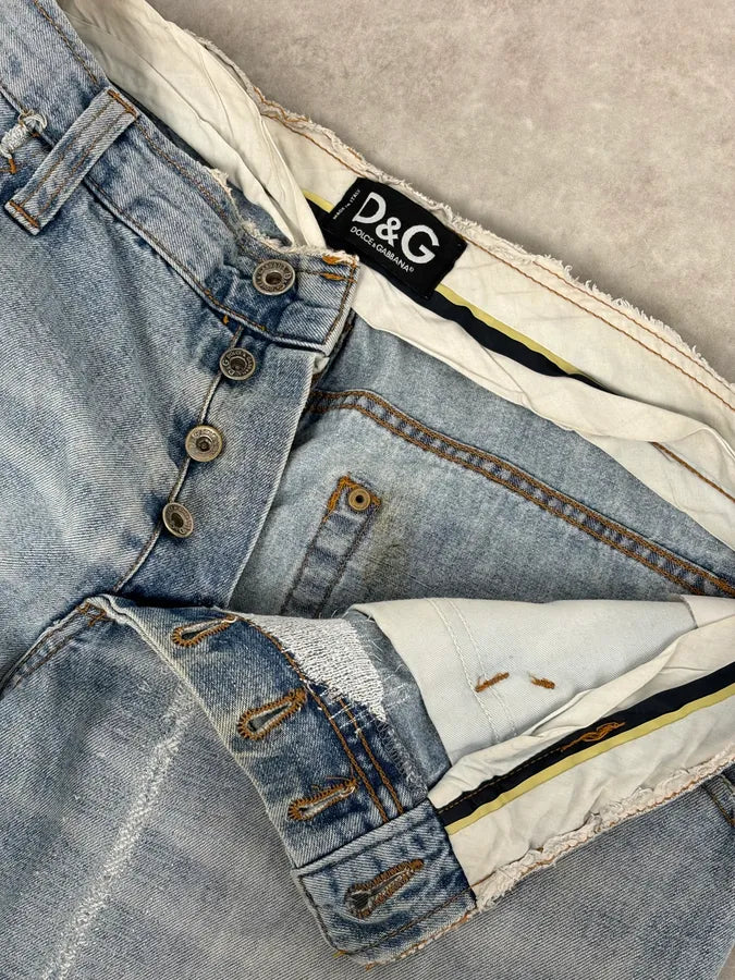 AW2004 Dolce & Gabbana Light Blue Distressed Patch Flag Denim Jeans ZcQlhHT 10