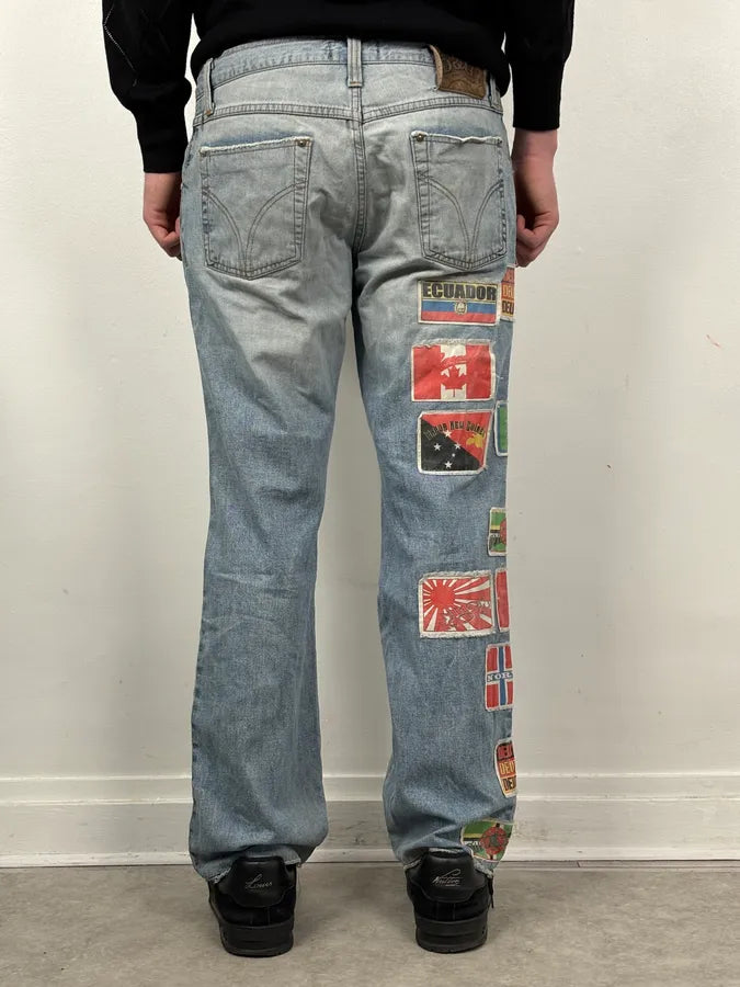 AW2004 Dolce & Gabbana Light Blue Distressed Patch Flag Denim Jeans ZcQlhHT 3