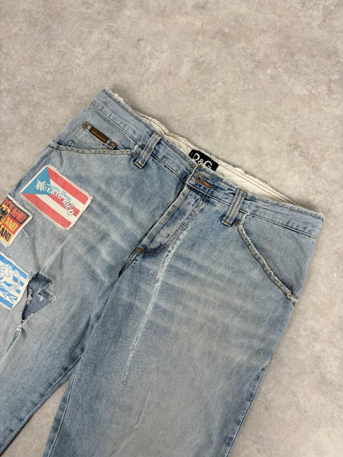 AW2004 Dolce & Gabbana Light Blue Distressed Patch Flag Denim Jeans ZcQlhHT 4