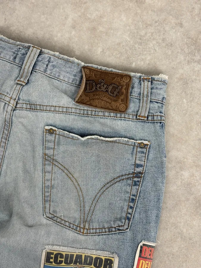 AW2004 Dolce & Gabbana Light Blue Distressed Patch Flag Denim Jeans ZcQlhHT 7