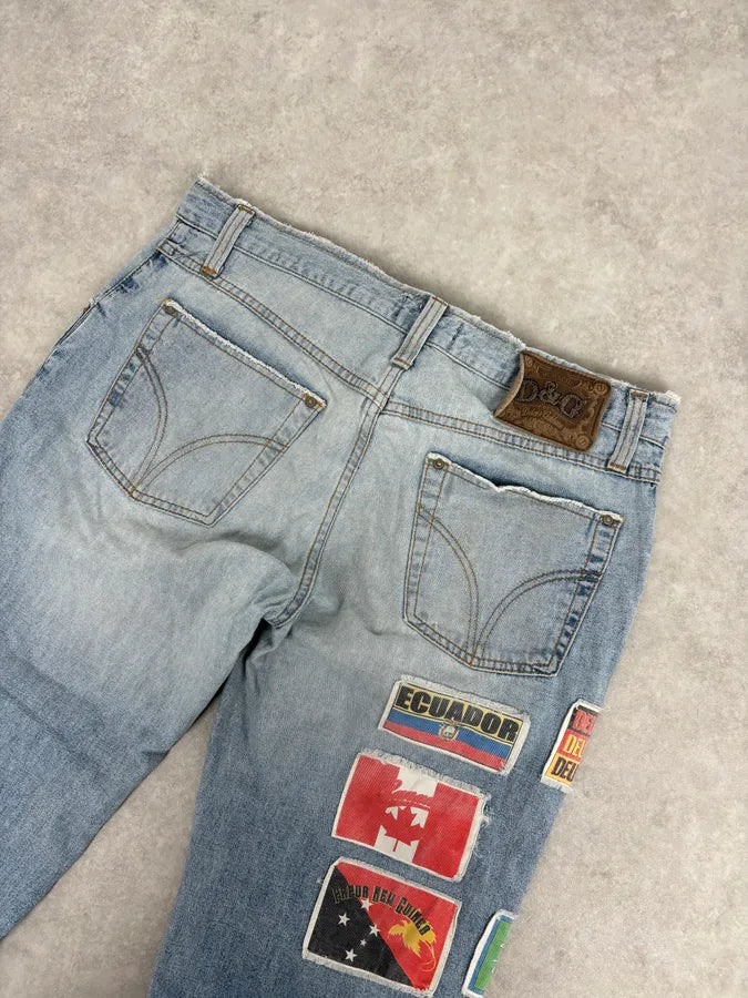 AW2004 Dolce & Gabbana Light Blue Distressed Patch Flag Denim Jeans ZcQlhHT 6