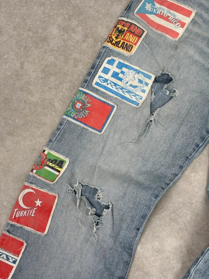 AW2004 Dolce & Gabbana Light Blue Distressed Patch Flag Denim Jeans ZcQlhHT 9