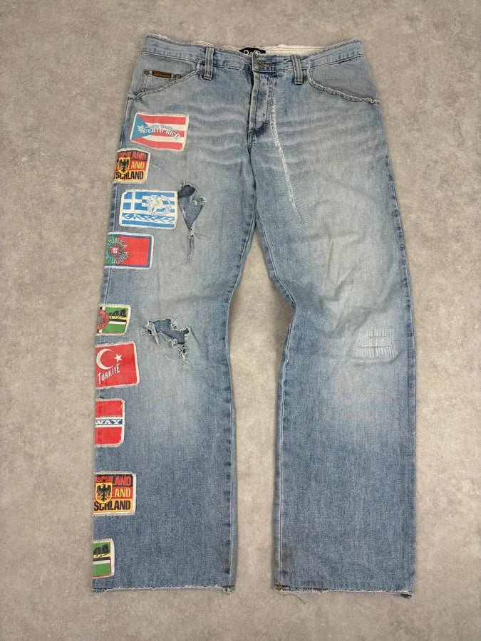 AW2004 Dolce & Gabbana Light Blue Distressed Patch Flag Denim Jeans ZcQlhHT 0